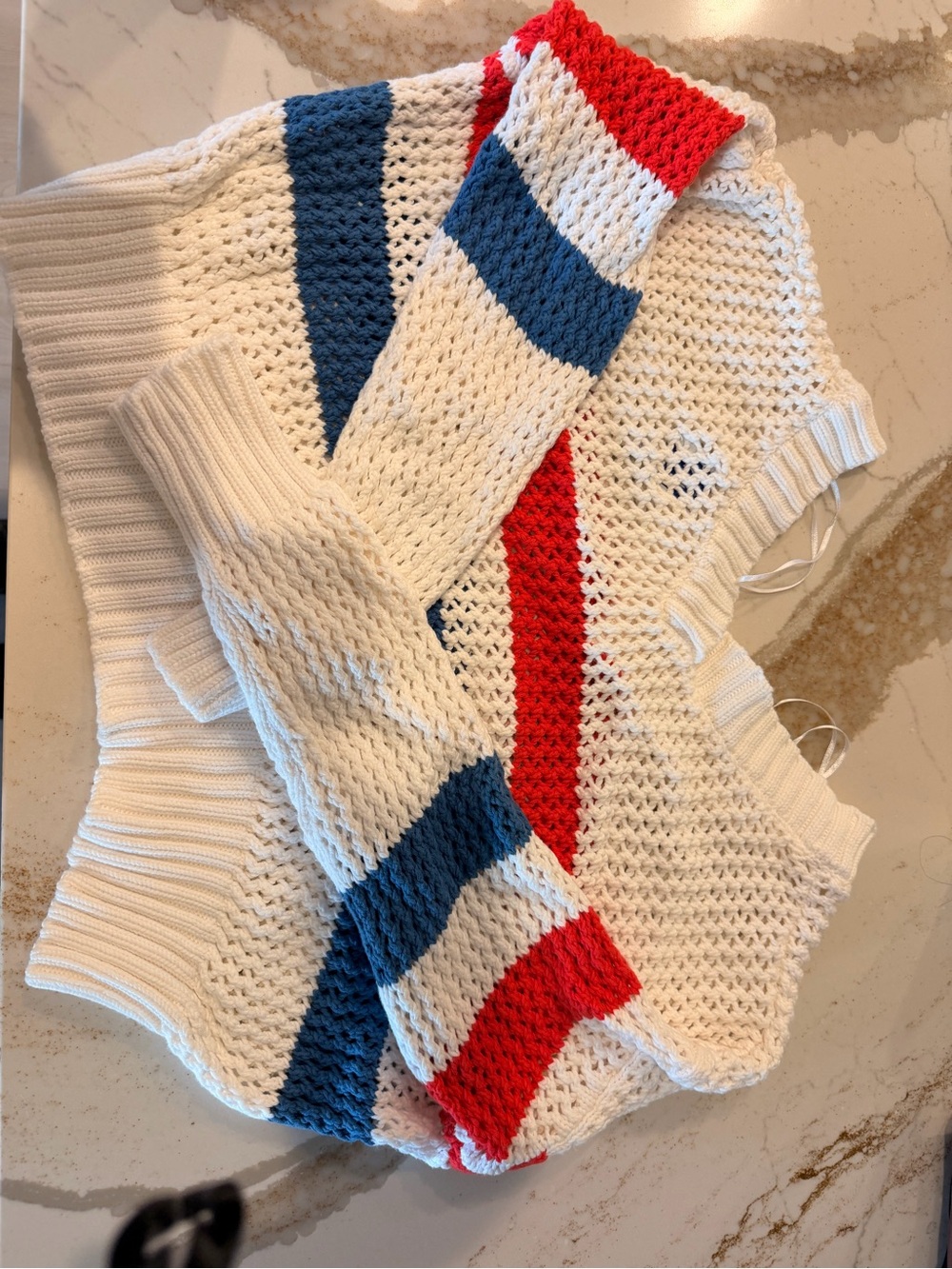 JoyLab White Open-Knit V-Neck Sweater with Red and Blue Stripes - Picture 2 of 3